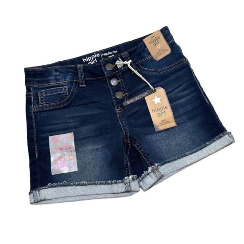 Hippie Girl Girls 12 Stretchy Adjustable Waist Denim Shorts Dark Wash